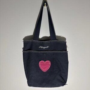 Life Is Good Canvas Frayed Edge Heart Tote Bag Purse Denim Blue